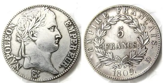 Высокое качество 1809-D Франция Посеребренная 5 франков Наполеон Руан мяты КОПИЯ монета