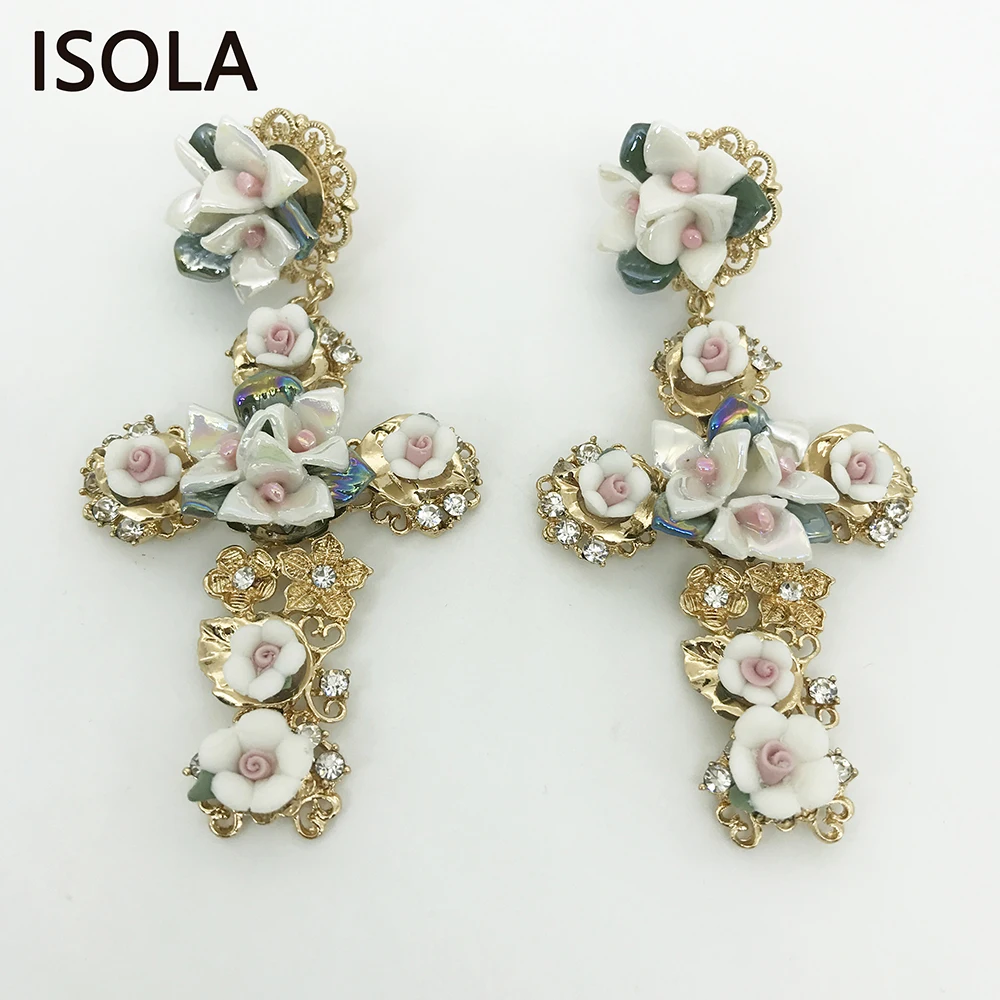 

ISOLA Elaborate Cross Purple Exuberance Flowers Rhinestone Settled Charming Statement Baroque Elegant Dangle Earrings For Royal