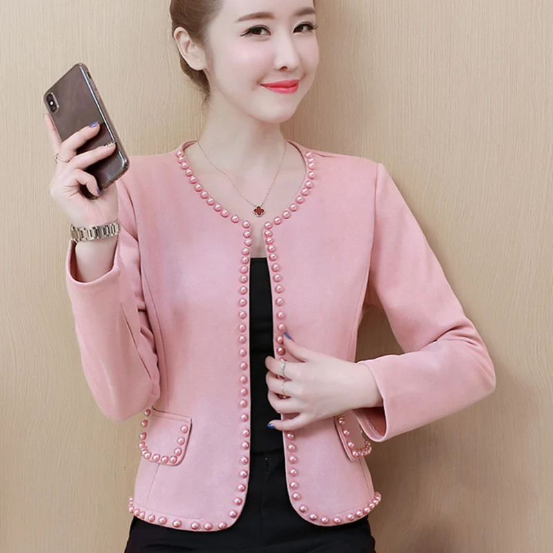 

Autumn Deer Jacket Women Plus Size Pink Black Short Basic Coats Jackets Feminina Beading Vintage Outwear Chaquetas Mujer 2019