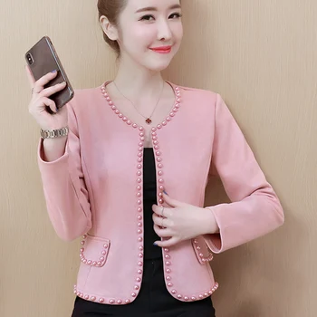 

Autumn Deer Jacket Women Plus Size Pink Black Short Basic Coats Jackets Feminina Beading Vintage Outwear Chaquetas Mujer 2019