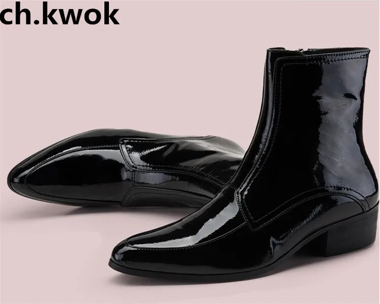 

Martin boots male point toe patent leather personality fashion shoes male high top side zip leather boots men