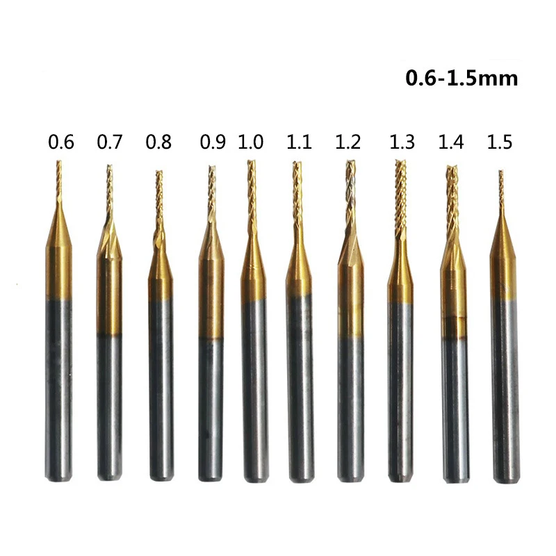 

10pcs 0.6mm-1.5mm Titanium Coated Carbide End Mill Engraving Edge Cutting Machine CNC Router Bit PCB Milling Cutter