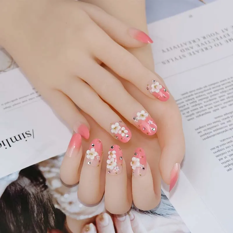 

24pcs Full Cover Nail Art Tips With Glue Oval Pink Gradient Cherry Flower Style False Nails Girls Fashion Long Size Fake Nails