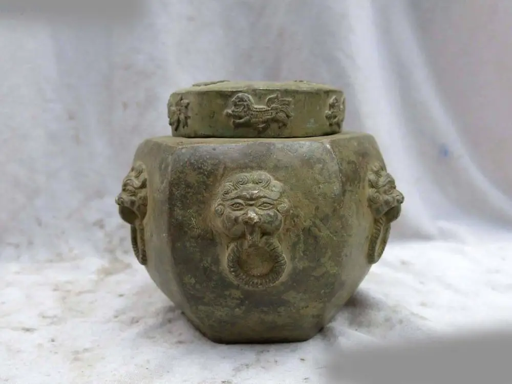 SCY Китайский Старый бронзовый медный резной красивый Foo Dogs Лев чайный горшок