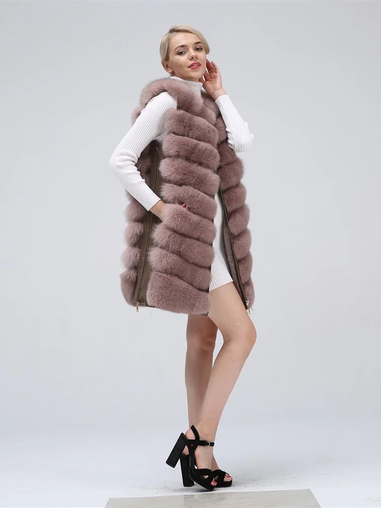 New Fashion Fox Fur Vest Zipper Real Fur Jacket Female Winter Warm Fur Coat High Quality Leather Vest Fur Fox - Цвет: Хаки