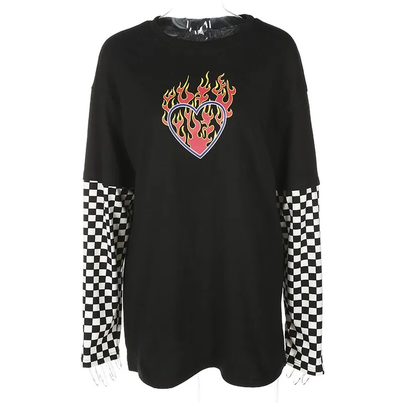 

2018 Autumn Winter Black Checkboard Pullover Hoodies Casual Women Plaid Patchwork Long Sleeve Flaming Heart Print Sweatshirt