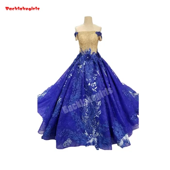 

35454 Sequin Beading Purple Ball Gown Prom Dress Off Shoulder Appliqued Flowers Dignified Party Dress