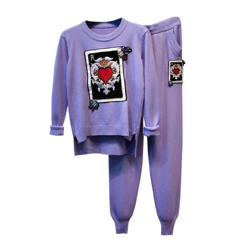 

Amolapha Women Embroidery Pattern Knitted Irregular Sweater Tops+Pants Two pieces Sets Knit Trousers Suits