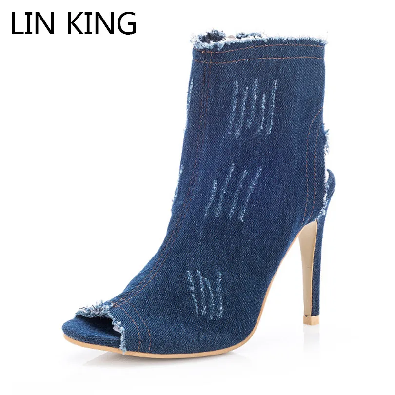 

LIN KING New Sexy Elastic Denim Women Pumps Spring Autumn Thin Heel Peep Toe Single Shoes Fashion Ladies Outside High Heel Shoes