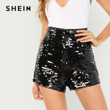 SHEIN Стильные Одноцветные Шорты С Блестками Женские Летние Черные Шорты На Молнии С Пайетками