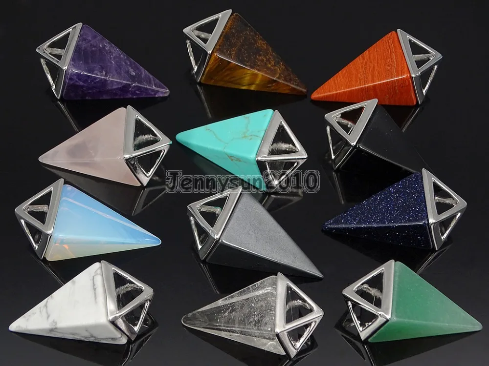 

Randomly Mixed Natural Gems Stones Pyramid Pointed Healing Reiki Chakra Silver Pendant Beads Necklace Jewelry 10Pcs/Pack
