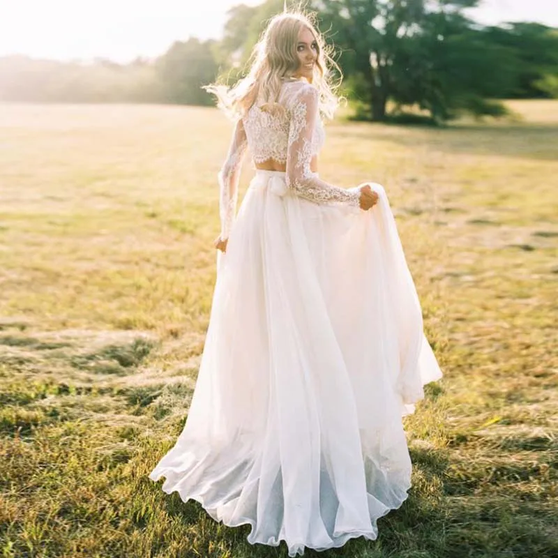 

Two Pieces Wedding Dresses Long Sleeves Lace Top Chiffon Skirt Country Bridal Gowns