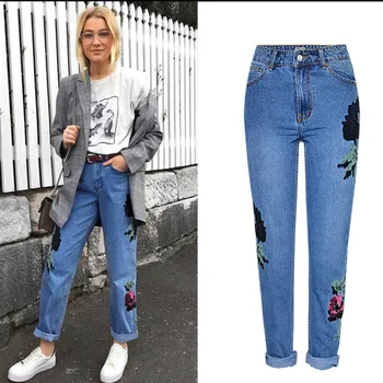 

Embroidery High Waist Vintage Jeans Women Europe America Top Quality Loose Straight Jeans Femme 3D Flowers Plus Size Trousers
