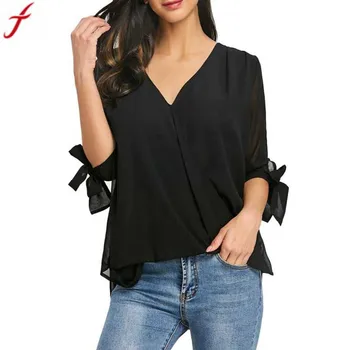 Sexy V Neck Blouse Women Summer Sexy Loose Fashion Chiffon Blouse Half Sleeve Tunic Shirt Party Casual Femme Tops#15