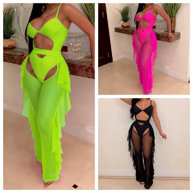 {Excellent|Wonderfull|Very Good|Very Recommended} 2019 New hollow out one piece swimsuits with mesh ruffles beach cover ups pants sexy women thong swimwear bathing suits 2PCS/SET Limited Price