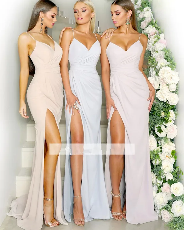 Новинка 2019, недорогие платья подружки невесты до 50, облегающее платье на тонких бретельках, шифоновые, с разрезом, сексуальные, длинные