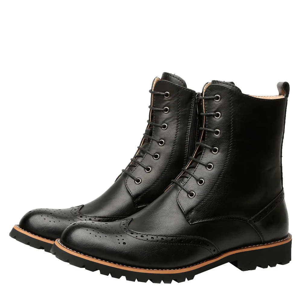 Mingpinstyle Men's Boots Carved Flower Middle Barrel Men's Boots Retro Leather Boots Fashion High Shoes Men's Martin Boots