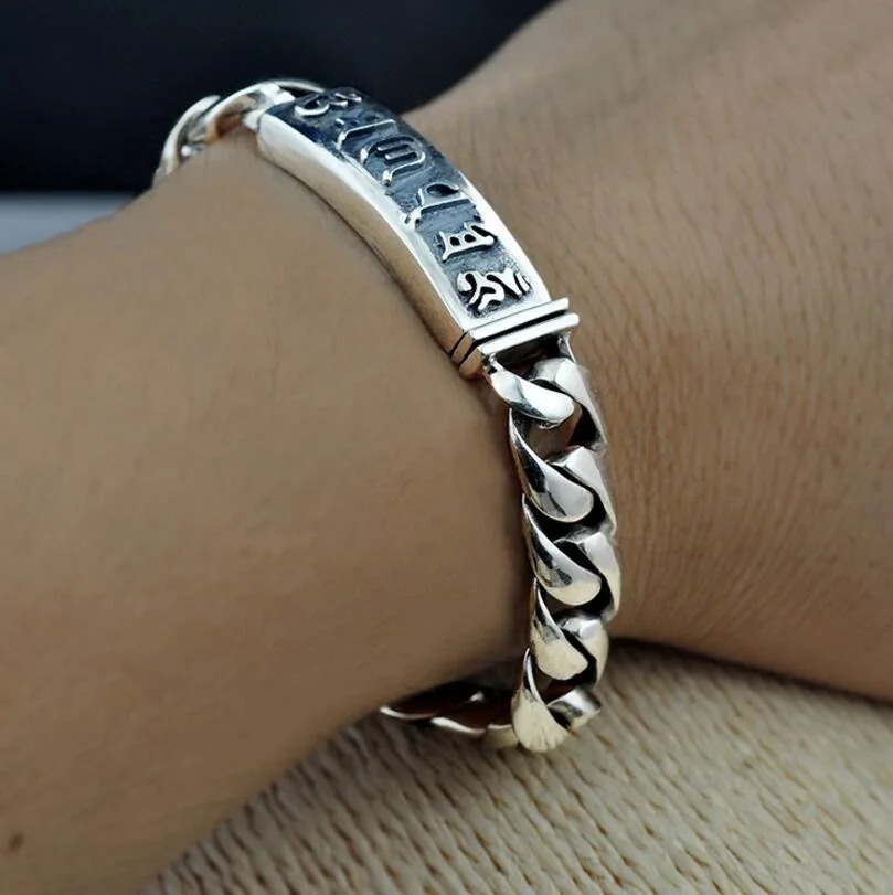 

Pure Silver Original Sterling 925 Silver Buddha Mantra Lock Bangle Bracelet Hand Chain S925 Jewelry (HY3A)