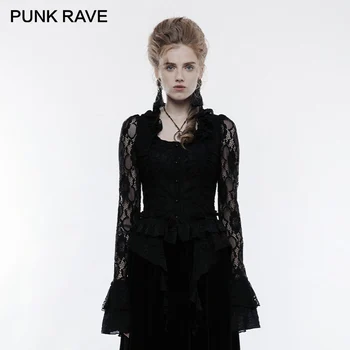 

PUNK RAVE Gothic Gorgeous Falbala Collar Transparent Lace Sleeve Fitted Elastic Women Shirts Flowing Hem Lady Blouses Shirt