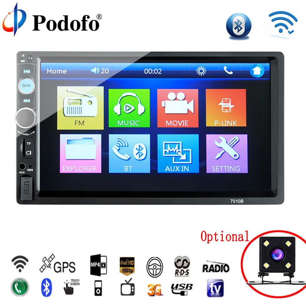 

Podofo Autoradio 7" Car Video Player Bluetooth 2 din Touch Screen auto Radio Stereo MP5 TF SD USB FM Rearview Camera Mirror Link