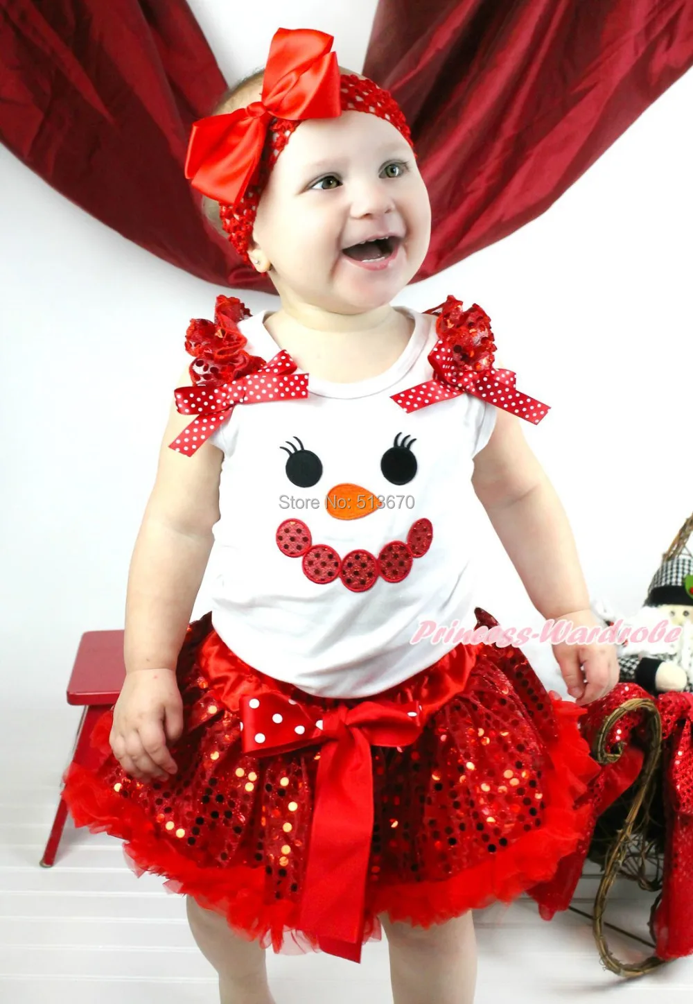 

XMAS Minnie Snowman Print White Top Sparkle Sequins Red Pettiskirt Girl Outfit 1-8Y MAPSA0331