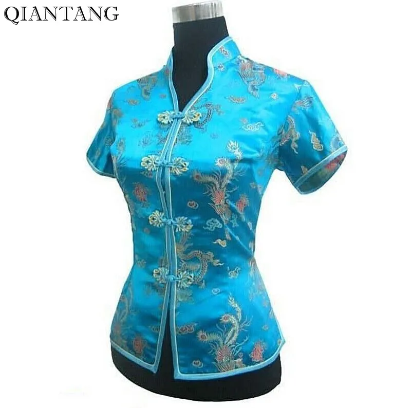 Achat Bleu clair Col V Chemise Tops Mujer Camisa Femme Blouse Traditionnelle Chinoise Satin Vêtements Taille S M L XL XXL XXXL JY044 4