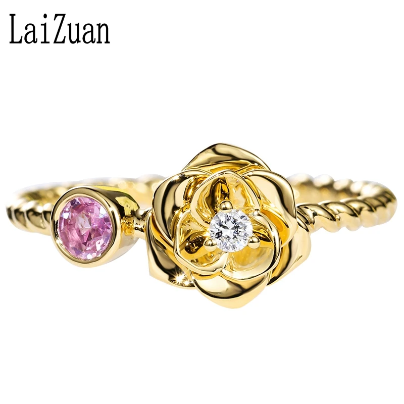 

LaiZuan Solid 14K Yellow Gold 0.15CT Certified H/SI Round Genuine Natural Diamonds & Pink Sapphire Engagement Women Jewelry Ring