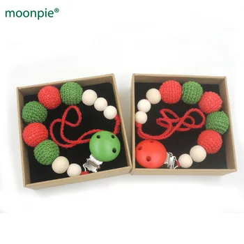 

set of 2 christmas gift Red and green crochet beads wood Teething pacifier holder, Girl/Boy new mommy gift NT163