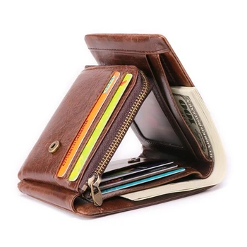 

Genuine Crazy Horse Leather Men Wallets Vintage Trifold Wallet Zip Coin Pocket Purse Cowhide Leather Wallet For Mens