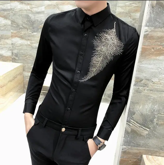 Men Dress Shirt with Gold Print Black White Long Sleeve Fashion