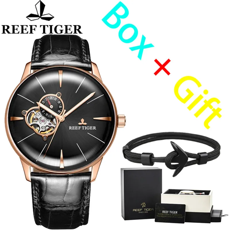 

Reef Tiger Brand Fashion Mechanical Watch Men Leather Black Strap Men's Watch Top Luxury Waterproof Tourbillon Automatic Watches