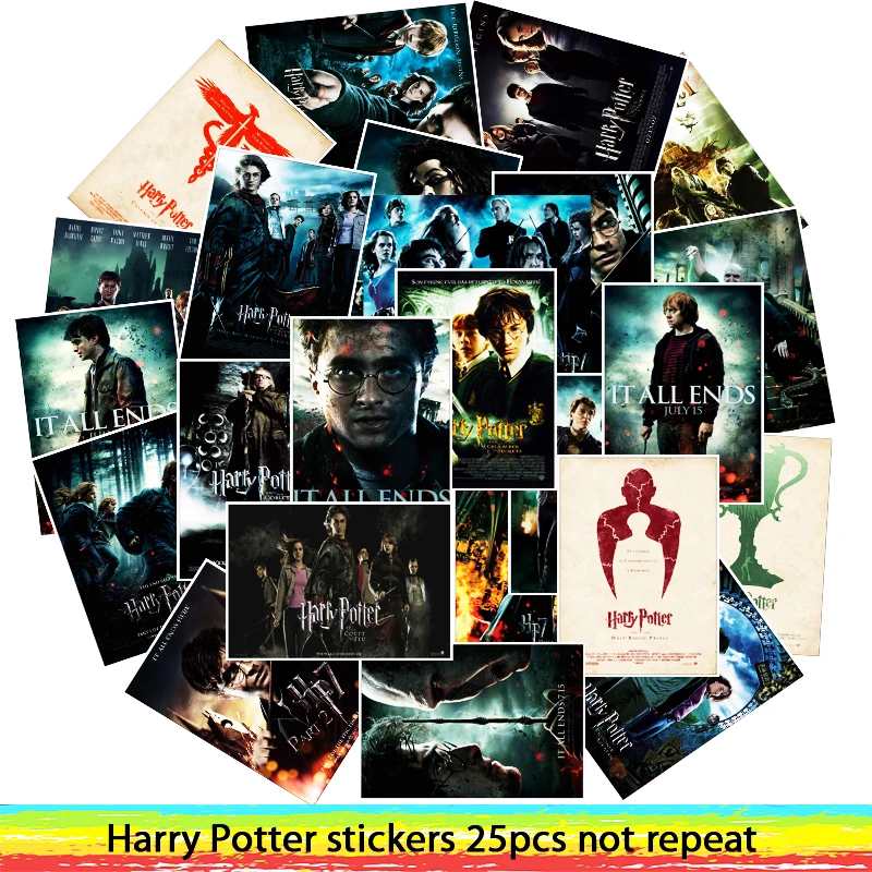 

25Pcs/Lot Waterproof New Movie Harry Potter PVC Stickers For Fridge Motorcycle Skateboard Luggage Decal Toy Sticker