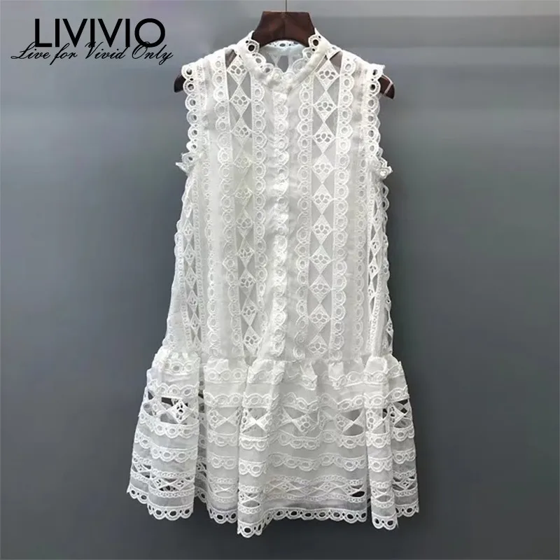 

[LIVIVIO] Off Shoulder Hollow Out Dress For Women O Neck Sleeveless Loose Mini Dresses Female 2019 Summer Fashion New