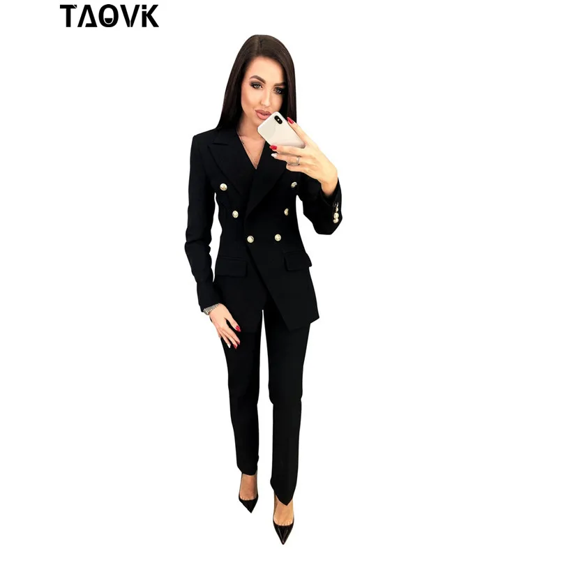 TAOVK OL بانت الدعاوى مزدوجة الصدر بدوره إلى أسفل طوق سترة أعلى + السراويل 2 قطعة وتتسابق للنساء المؤنث الملابس pantsuit 2019