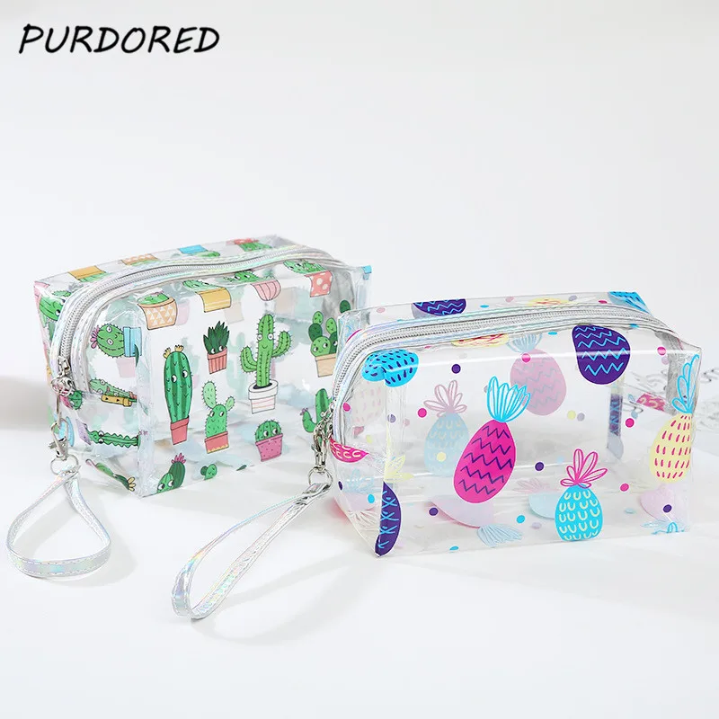 

PURDORED 1 pc Transparent Cosmetic Bag PVC Travel Makeup Bag Cactus Flamingo Pineapple Toiletry Bag neceser Dropshipping