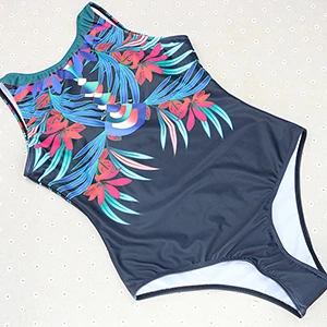 Сексуальный винтажный цельный женский купальник с цветочным принтом, в горошек, в полоску, с высокой горловиной, синего цвета,,, x27s - Цвет: 2
