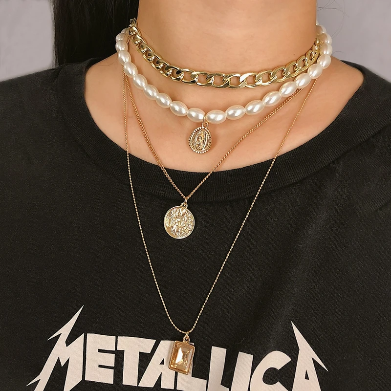 

Collar Statement Virgin Mary Coin Crystal Pendant Necklace Punk Multi Layered Pearl Choker Necklace Women Jewelry muszelki