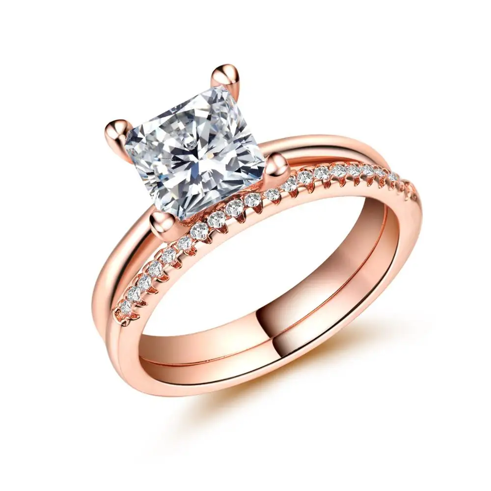 

Huitan 2PC Wedding Ring Set with Clear White Princess Cut CZ Prong Set Rose Gold Color Engagement Rings for Women & Girlfriend