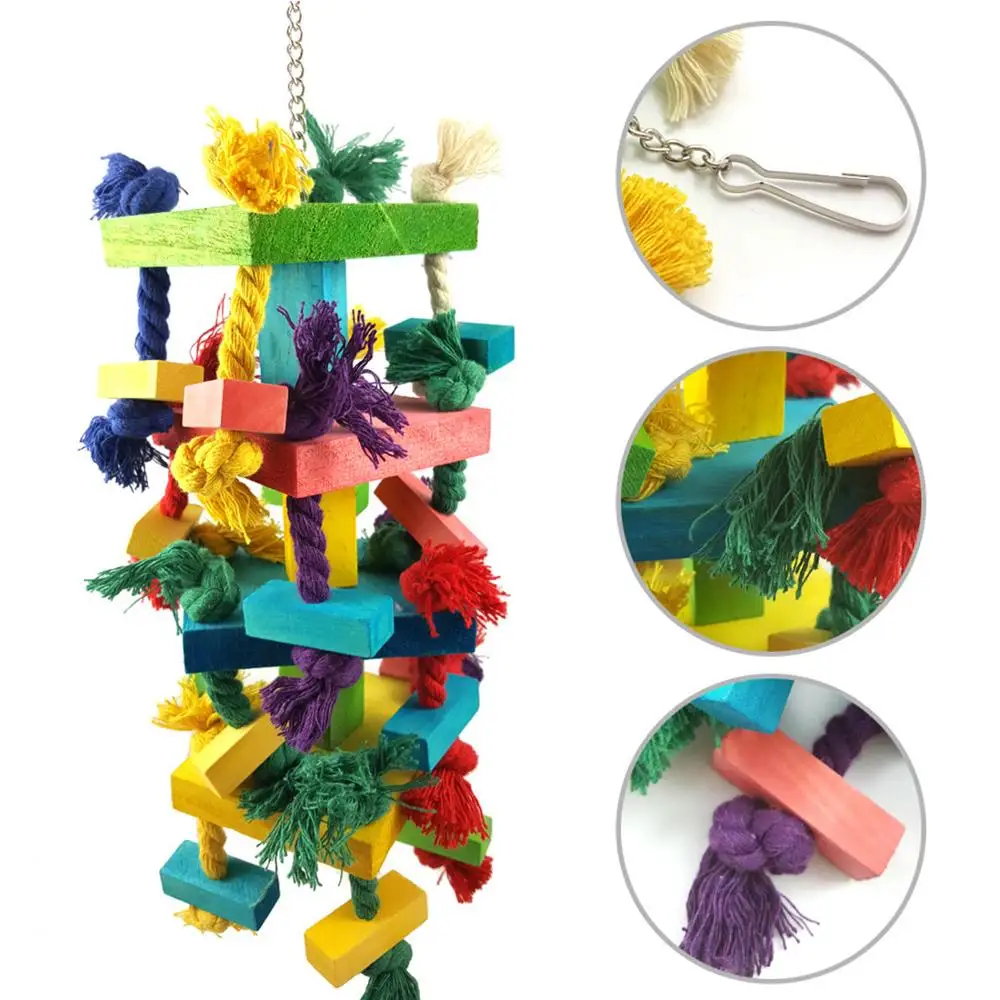 

2019 New Pet Bird Chewing Toy Parrot Cage Knots Block Natural Wood Hanging Parakeet Swing Bird Parrot Toy