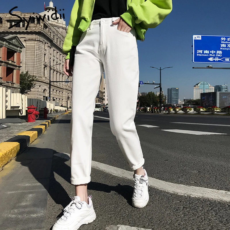 Pantalones vaqueros blancos para mujer, de cintura alta para mamás, Jeans negros mujer, ropa de calle, vaqueros Beige y azul, primavera 2021|Pantalones vaqueros| - AliExpress