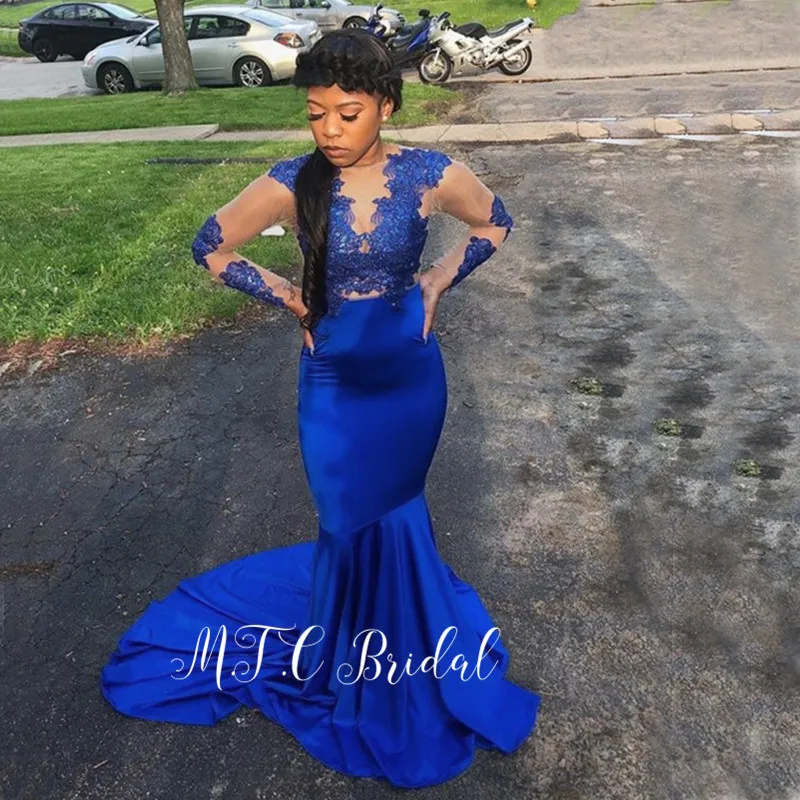 

Royal Blue Mermaid African Evening Dress 2019 Long Sleeve Sheer Elastic Satin Lace Top Wedding Party Gowns Custom Made
