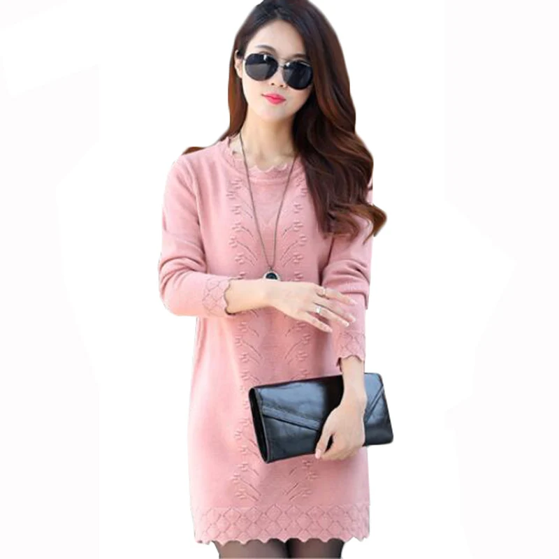 Comprar Suéteres de mujer vestido Pullovers 2019 invierno cálido largo suéter tejido de punto de talla grande 3XL mujeres Bottoming Jersey mini vestido