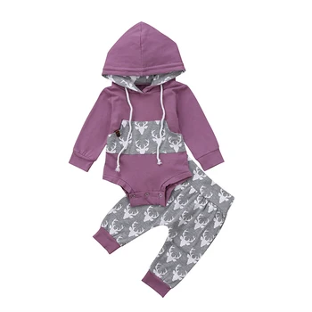 

Fashion Newborn Toddler Baby Boy Girl Long Sleeve Hooded Bodysuit Purple Tops+Deer Pant Trouser 2PCS Outfits Kids Clothing Set