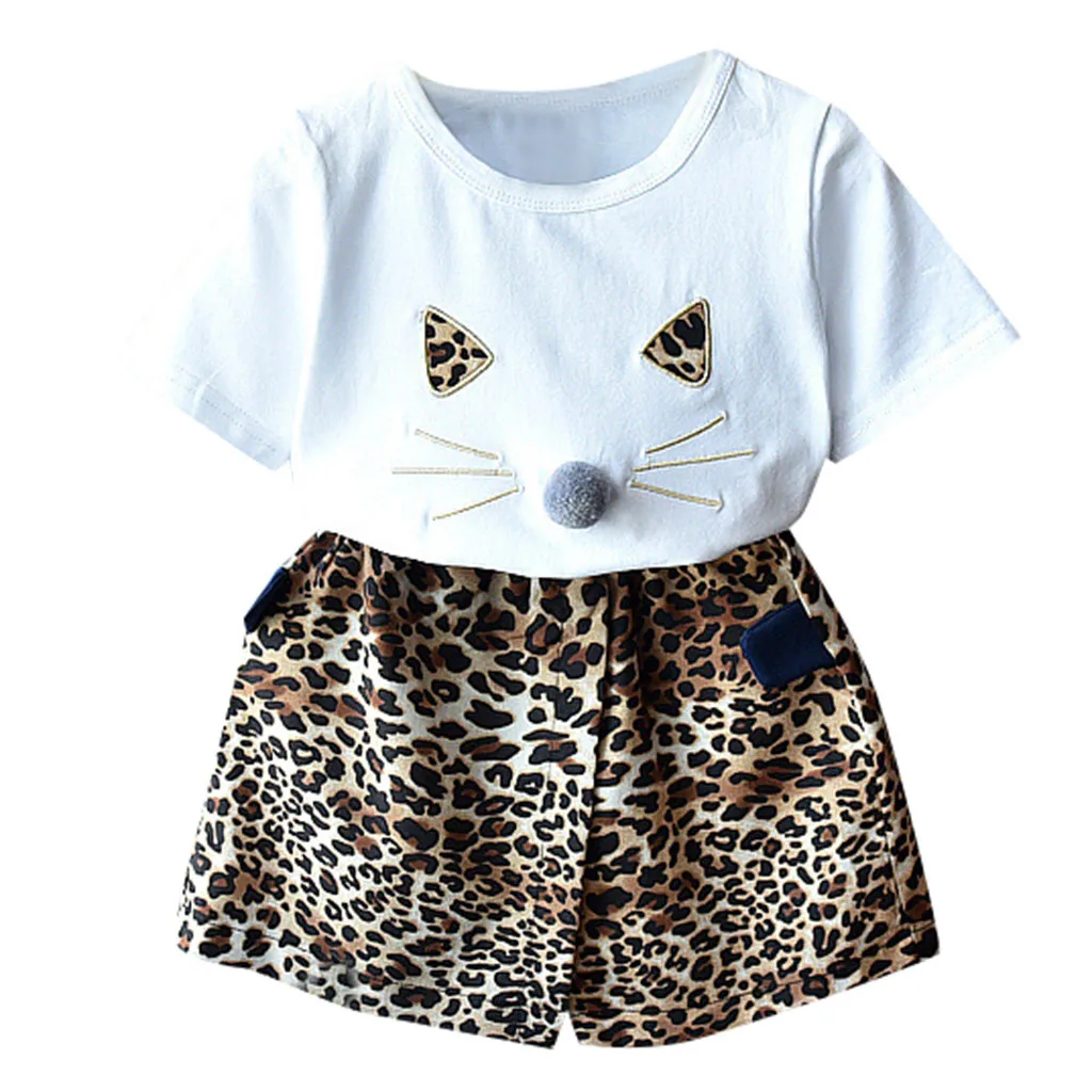 

Kids Clothes Girls Cotton Baby Clothes Girl Sets Summer Two pieces Cat Print Tops Leopard Short Pants Toddler Clothing Sets k522