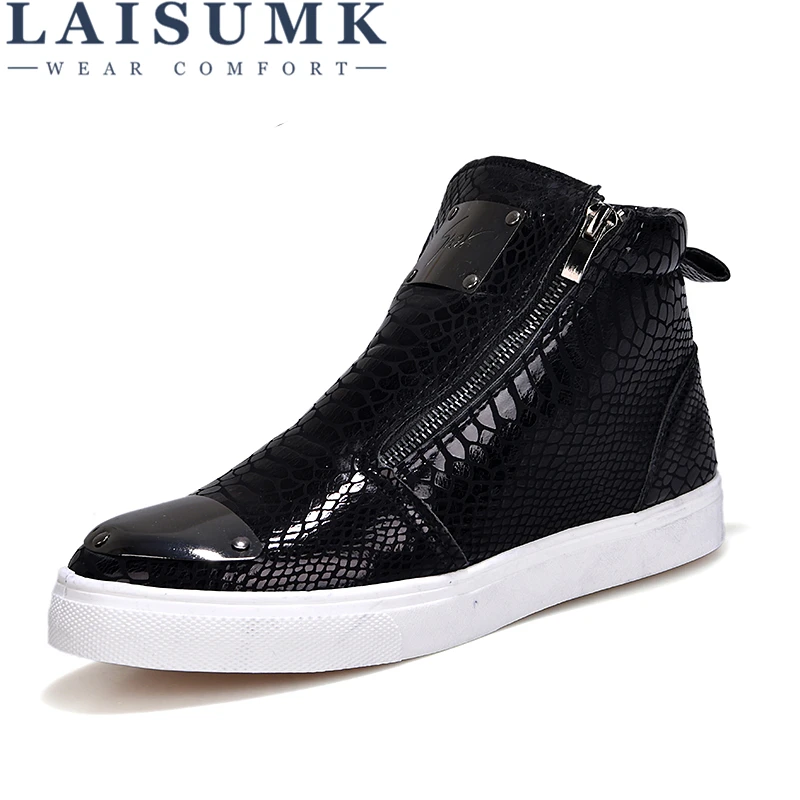 Padrão de Crocodilo Sapatos de Couro dos Homens Laisumk Outono Inverno Homens Preto Clássico Alto Tênis Não-deslizamento Masculino Mocassins Condução