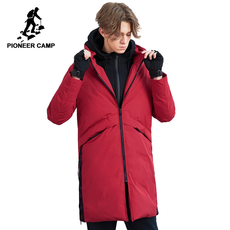 Мужской длинный пуховик Pioneer Camp красный или черный на 90% утином пуху верхняя