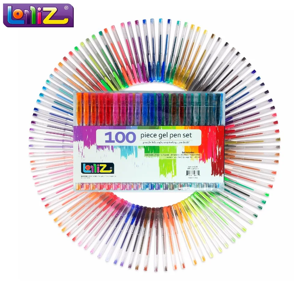 LolliZ Children Color Art 100Pcs Gel Pens Set Colors Included Classic Glitter Neon Standard Milky Swirl