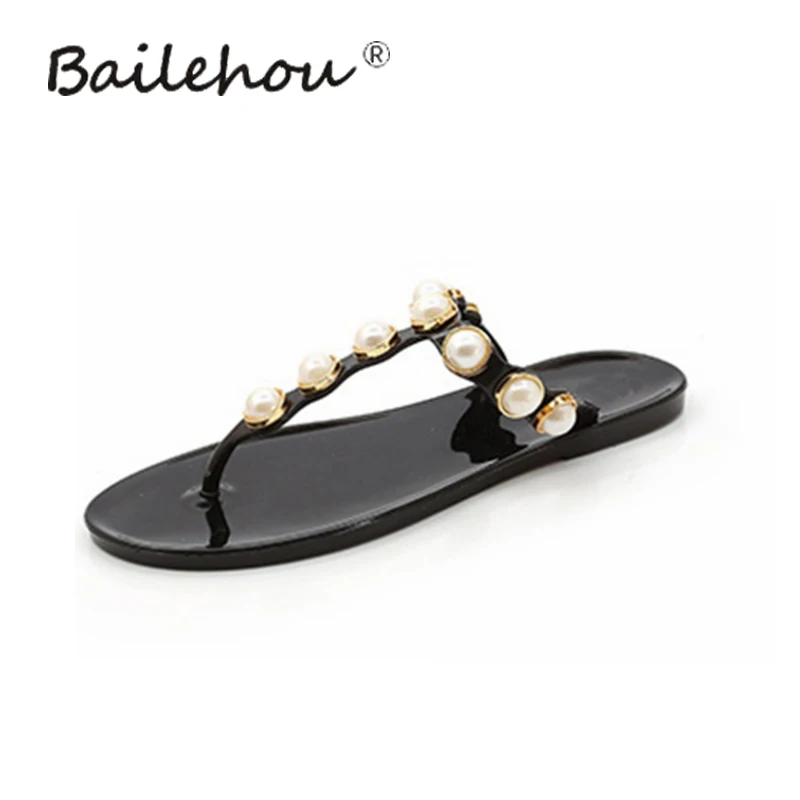 

Bailehou Summer New Flip Flops Women Bead Pearl Fashion Slippers PVC Fashion Beach Female Home Slippers Flat Slides Woman Shoes