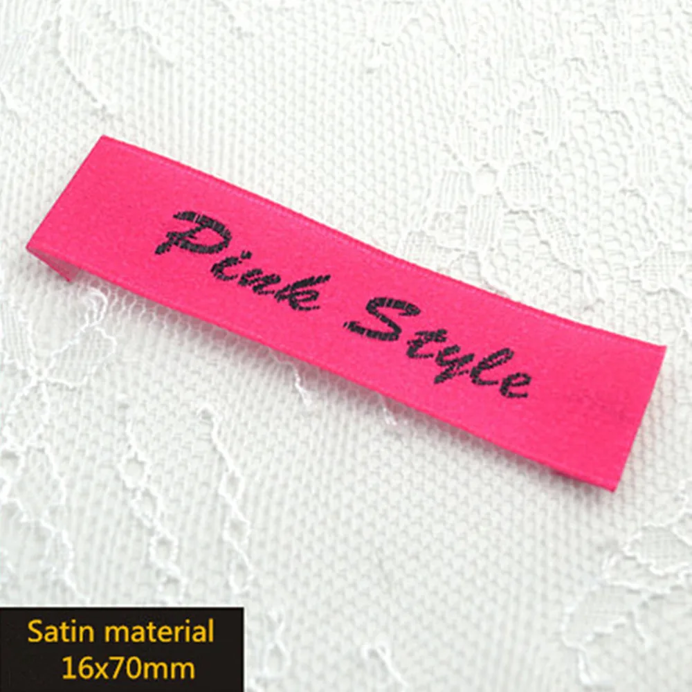 Custom End Fold Embroidered Satin Labels Tags with Deep Pink Base Customized Brand Name Clothing