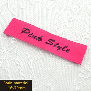 

Custom End Fold Embroidered Satin Labels Tags with Deep Pink Base Customized Brand Name Clothing Labels 2000pcs